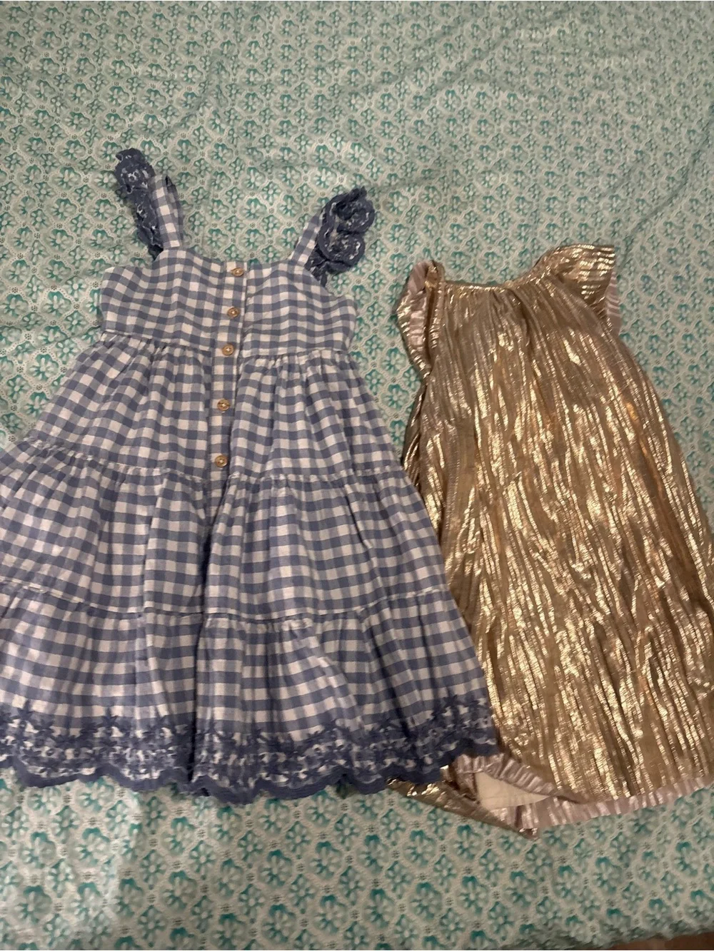 Shabby Chic Blue Gingham Dress & Gold Metallic Party Dress lot of 2 dresses